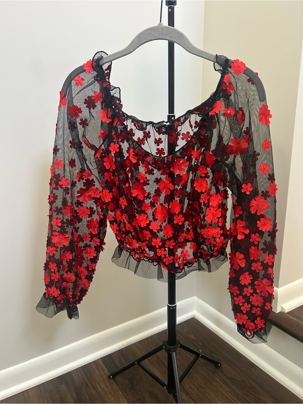 Fashion Nova Black Sheer Mesh Blouse with Red Floral Appliqués